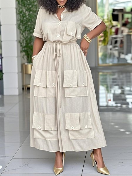 Cotton And Linen Casual Plain Pockets Midi Dress, Midi Dresses, color:Khaki|size:XXL, Stylewe