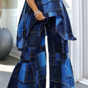Casual Faux Denim Print Graphic Printing Wide Leg Pants, Pants, color:Blue|size:XXL, Stylewe
