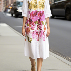 Casual Floral Printing  Shirt Dress, Midi Dresses, color:As Picture|size:XXL, Stylewe