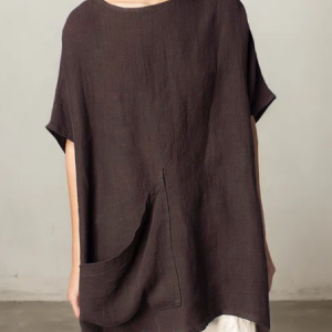 STYLE WE x CHILLINEN | Linen Cotton And Linen Crew Neck Plain Blouse, Blouses and Shirts, color:Brown|size:XXL, Stylewe