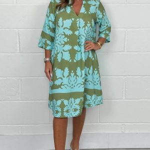 Plants Print Three Quarters Sleeve Stand Collar Dress Casual Loose Fit Midi Dress, women Print Dresses, ChicMe catalog