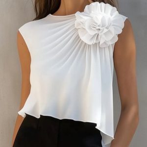 Urban Plain 3D Floral Crew Neck Tank Top, Tanks and Camis, color:White|size:XXL, Stylewe