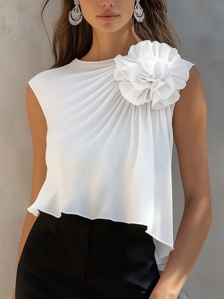 Urban Plain 3D Floral Crew Neck Tank Top, Tanks and Camis, color:White|size:XXL, Stylewe