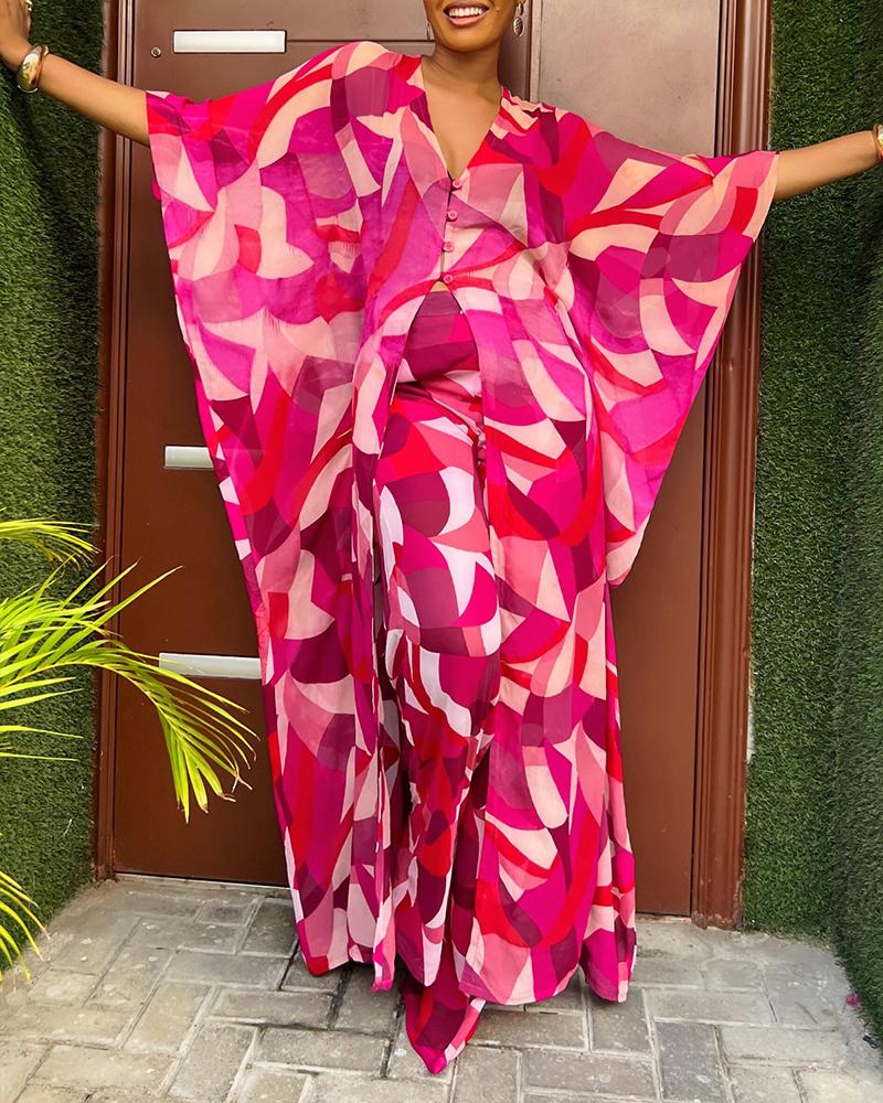 2 Pieces Outfit Colorblock Geometric Print Batwing Sleeve Cover Up and Casual Wide Leg Pants Set, women Two-piece Sets, ChicMe catalog