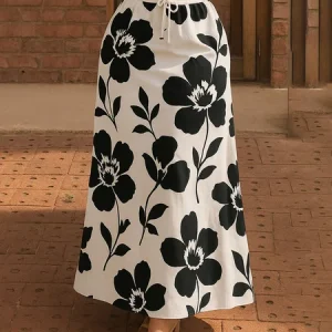Casual Printing Floral Maxi Skirt, Skirts, color:Black-white|size:XXL, Stylewe