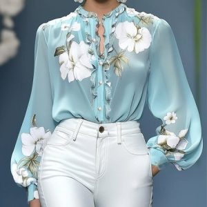 Elegant Floral Printing Stand Collar Balloon Sleeve Chiffon Blouse, Blouses and Shirts, color:As Picture|size:XXL, Stylewe