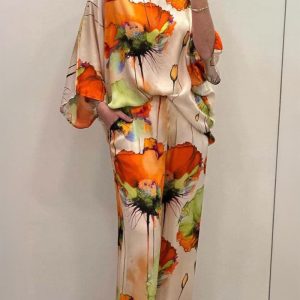 2 Pieces Outfit Round Neck Batwing Sleeve Top and Elastic Waist Wide Leg Pants Set Casual Floral Print Loose Fit Vacation Set, women Two-piece Sets, ChicMe catalog