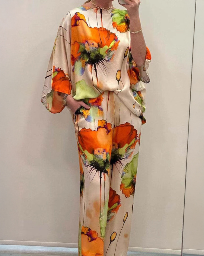 2 Pieces Outfit Round Neck Batwing Sleeve Top and Elastic Waist Wide Leg Pants Set Casual Floral Print Loose Fit Vacation Set, women Two-piece Sets, ChicMe catalog
