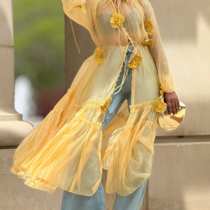 Urban 3D Floral Gathered Plain Stand Collar Kimono, Kimonos, color:Yellow|size:XXL, Stylewe