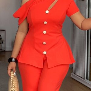 Urban Plain Asymmetrical One Shoulder Sleeve Blouse, Blouses and Shirts, color:Orange Red|size:XXL, Stylewe