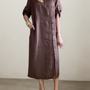 STYLE WE x CHILLINEN | Casual Plain Asymmetric linen-cotton Midi Dress, Midi Dresses, color:Coffee|size:XXL, Stylewe