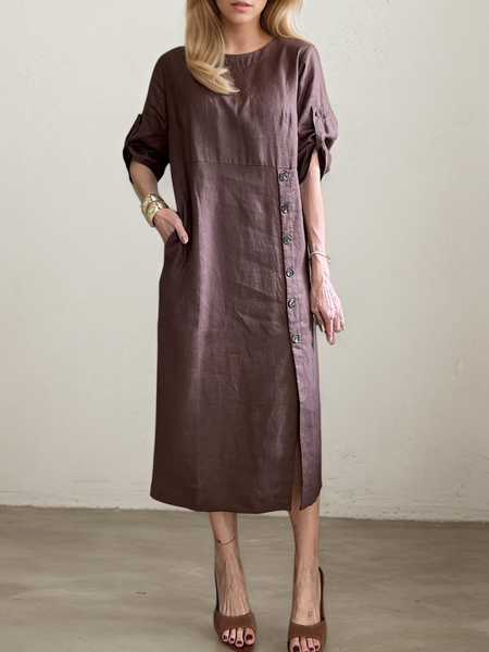 STYLE WE x CHILLINEN | Casual Plain Asymmetric linen-cotton Midi Dress, Midi Dresses, color:Coffee|size:XXL, Stylewe