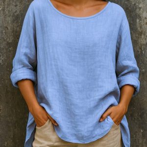 Casual Plain Crew Neck Long Sleeve T-shirt, T-shirts, color:Sky Blue|size:3XL, catalog Noracora shop