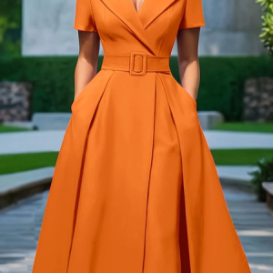 Elegant Plain Lapel Collar Midi Dress With Belt, Midi Dresses, color:Orange|size:XXL, Stylewe