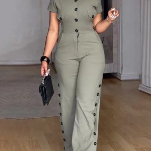 Casual Pockets Plain Buttoned Jumpsuit, Jumpsuits, color:Green|size:XXL, Stylewe