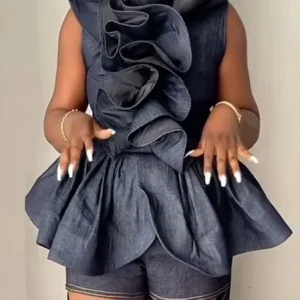 Cotton Urban Plain Peplum Denim Top, Blouses and Shirts, color:Blue|size:XXL, Stylewe