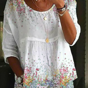 Crew Neck Half Sleeve Floral Printing Regular Micro-Elasticity Regular Fit Shirt For Women, Blouses, color:White|size:4XL, catalog Noracora shop
