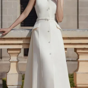 Urban Plain Imitation Pearls Midi Dress, Midi Dresses, color:White|size:XXL, Stylewe
