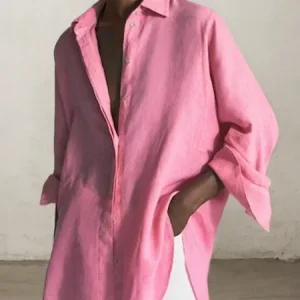 STYLE WE x CHILLINEN |Washed Fabric Shirt Collar Linen Shirt, Blouses and Shirts, color:Pink|size:XXL, Stylewe