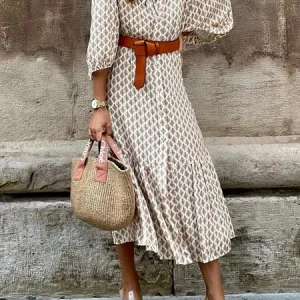 Women Geometric Puff Sleeve Summer Printing Dress V Neck Short Sleeve Shirt Dress A-Line Dress, Dresses, color:Khaki|size:XXL, catalog Noracora shop