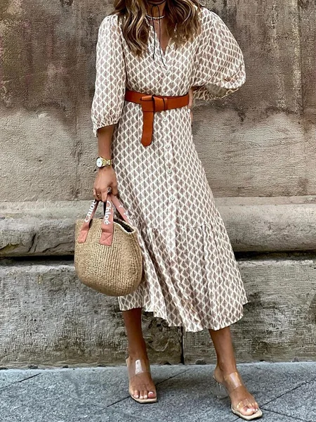 Women Geometric Short Sleeve Summer Printing Dress V Neck Puff Sleeve Daily Casual Maxi Shirt Dress A-Line Dress, JustFashionNow Dresses, color:Khaki|size:XXL,