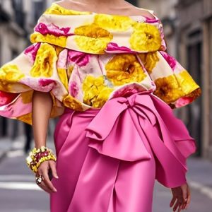 Satin Elegant Floral Printing Off The Shoulder Balloon Sleeve Blouse, Blouses and Shirts, color:As Picture|size:XXL, Stylewe