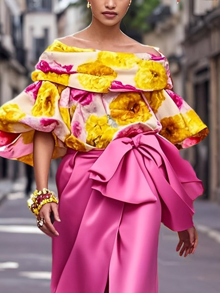 Satin Elegant Floral Printing Off The Shoulder Balloon Sleeve Blouse, Blouses and Shirts, color:As Picture|size:XXL, Stylewe