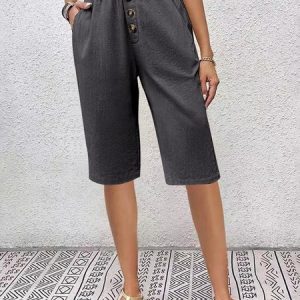 Women Plain Fifth Pants Elastic Waist Pants Casual Summer Trousers, Shorts, color:Deep Gray|size:XXL, catalog Noracora shop