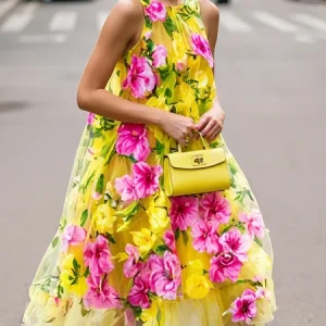 Vacation Floral Printing Crew Neck Knee Length Dress, Mini Dresses, color:Yellow|size:XXL, Stylewe