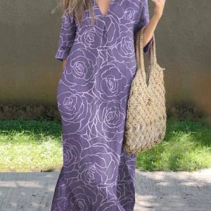 Women Floral Summer Printing Dress V Neck Three Quarter Sleeve H-Line Dress, Dresses, color:Purple|size:3XL, catalog Noracora shop