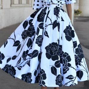 Elegant Printing Floral Maxi Skirt, Skirts, color:Black-white|size:XXL, Stylewe