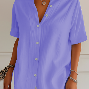 Shirt Collar Short Sleeve Plain Printing Regular Micro-Elasticity Loose Button Up Shirt Shirt For Women, Shirts, color:Purple|size:5XL, catalog Noracora shop