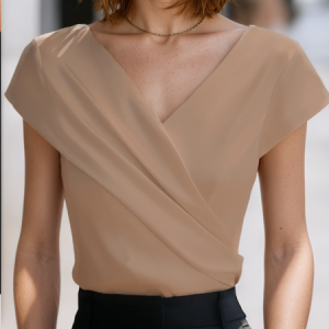 Elegant Plain Asymmetric Cross Neck T-shirt, Blouses and Shirts, color:Khaki|size:XXL, Stylewe