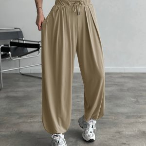 High Waist Drawstring Elastic Waist Asymmetrical Hem Trousers Casual Pleated Loose Fit Pants, women Pants, ChicMe catalog