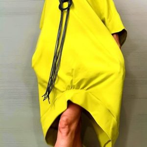 Casual Plain Irregular Craftsmanship Crew Neck Midi Dress, Midi Dresses, color:Yellow|size:XXL, Stylewe