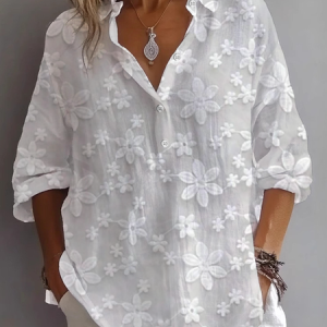 Women Floral Long Sleeve Shirt Spring/Fall Printing Shirt Collar Daily Casual Top, JustFashionNow Shirts, color:White|size:5XL,