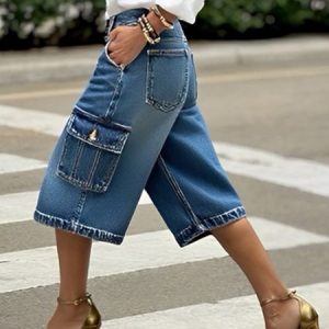 Casual Plain Denim Cargo Wide leg  Ankle Pants, Denim Shorts, color:Blue|size:XXL, Stylewe