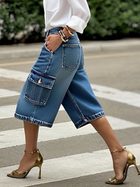 Casual Plain Denim Cargo Wide leg Ankle Pants, Denim Shorts, color:Blue|size:XXL, Stylewe