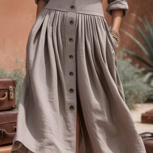 Casual Gathered Buttoned Plain Midi Skirt, Maxi Dresses, color:As Picture|size:XXL, Stylewe