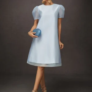 Elegant Plain Puff Sleeve Split Joint Crew Neck Knee Length Dress, Midi Dresses, color:Blue|size:XXL, Stylewe