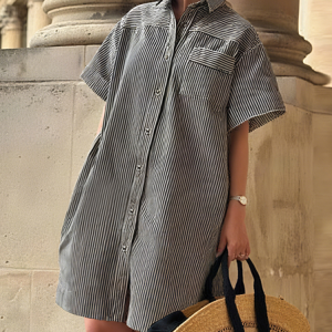 Casual Striped Buttoned Shirt Collar Knee Length Dress, Midi Dresses, color:As Picture|size:XXL, Stylewe