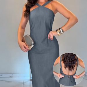 Halter Tie Zipper Back Maxi Dress Sexy Backless Slit Back Party Dress, women Party Dresses, ChicMe catalog