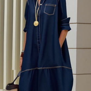 Urban Plain Shirt Collar Knee Length Denim Dress, Midi Dresses, color:Blue|size:XXL, Stylewe