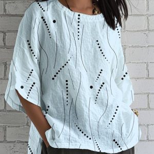 Crew Neck Half Sleeve Striped Lightweight Loose Shirt For Women, Blouses, color:Blue|size:4XL, catalog Noracora shop