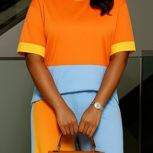Casual Color Block Crew Neck Raglan Sleeves T-shirt, Tees, color:As Picture|size:XXL, Stylewe