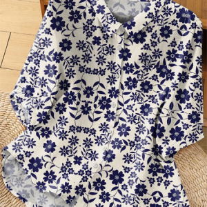 Shirt Collar Three Quarter Sleeve Floral Regular Loose Shirt For Women, Shirts, color:Navyblue|size:5XL, catalog Noracora shop
