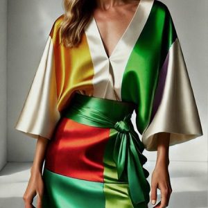 Urban Color Block V Neck Loosen Blouse, Blouses and Shirts, color:As Picture|size:XXL, Stylewe