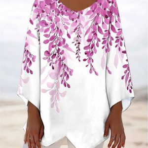 Women Plants Long Sleeve Blouse Spring/Fall V Neck Daily Casual Top, JustFashionNow Shirts, color:Purple|size:3XL,