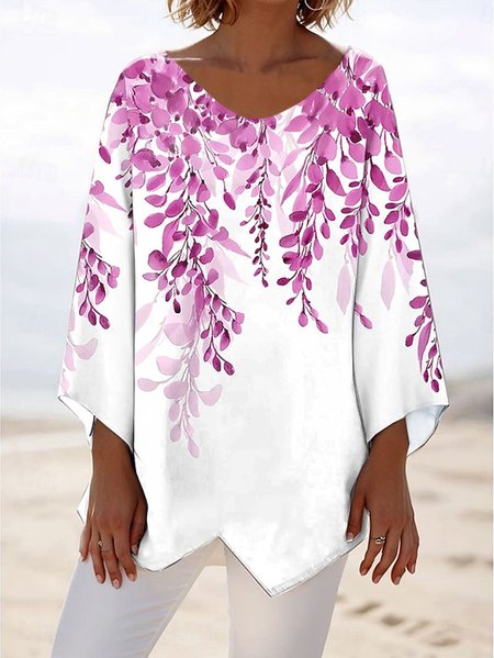 Women Plants Long Sleeve Blouse Spring/Fall V Neck Daily Casual Top, JustFashionNow Shirts, color:Purple|size:3XL,