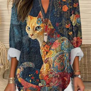 Women's Long Sleeve Shirt Spring/Fall Cat V Neck Daily Going Out Casual Top, JustFashionNow Blouses, color:Blue|size:5XL,